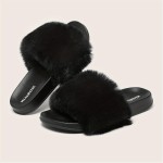 Solid Color Faux Fur Pattern Slippers, Fluffy Soft Sole Platform Casual Slides, Plush Cozy Indoor Shoes