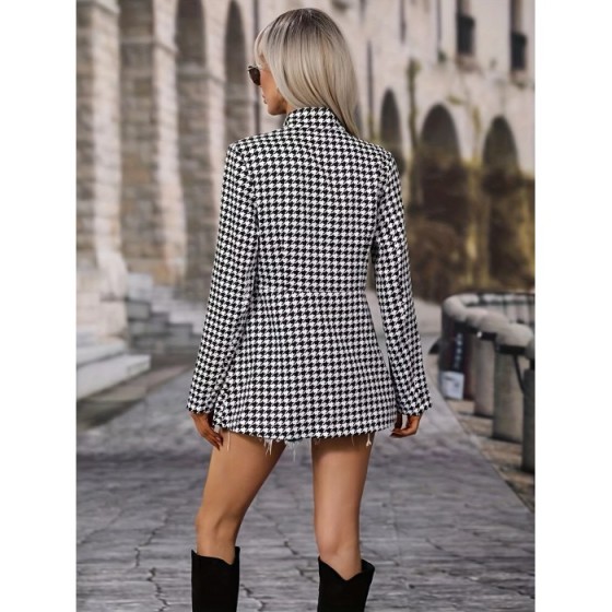 Elegant Houndstooth Print Open Front Blazer for Women - Stylish Long Sleeve Work Office Outerwear