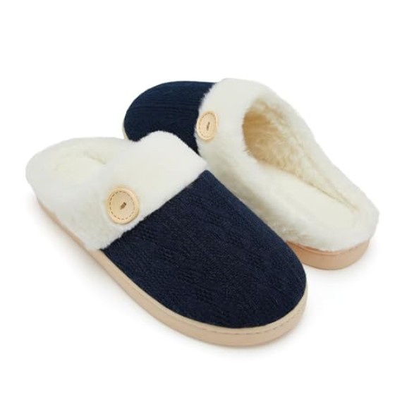 Women Warm Comfy Memory Foam Slippers Knitted Faux Fur Lined Anti Skid Rubber Sole Indoor Outdoor Bedroom Shoes