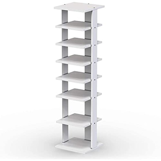 Squareful 7-Tier Wooden Shoe Rack, Modern Vertical Shoe Organizer, Multifunctional Shoe Tower Storage Stand, Space Saving Shelves for entryway, Bedroom, Hallway (White, Small)