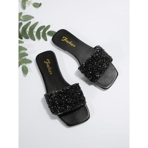 Women's Glitter Sparkly Sandals Casual Rhinestone Slides Bling Open Toe Sandals