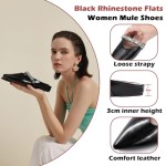 ‌Women's Rhinestone Pointed Toe Mule Flats – 2cm Inner Height Increase, Backless Ballet Slippers for Work, Parties & Shopping