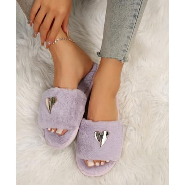 Womens Fuzzy Open Toe Slippers Soft Comfy Memory Foam Slip On Indoor House Bedroom Slides Slippers